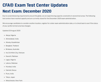 CFA協(xié)會(huì)再次更新12月CFA考點(diǎn)已滿名單！又添加7個(gè)哦！